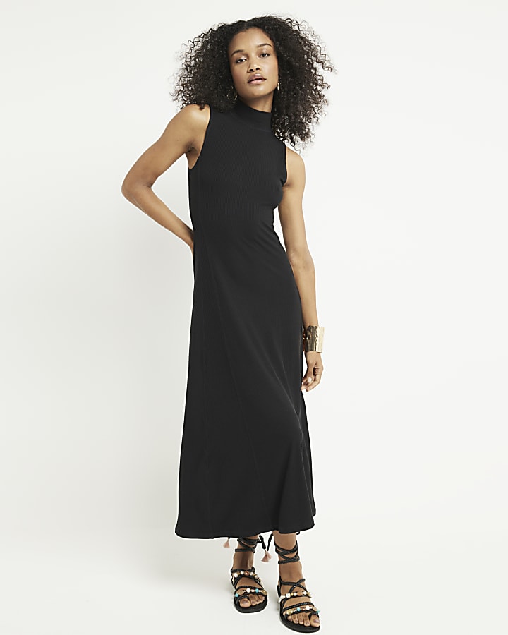 Black rib sleeveless bodycon midi dress