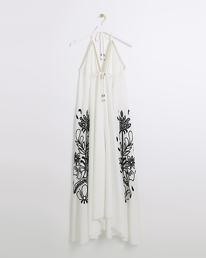 Cream embroidered plunge beach maxi dress