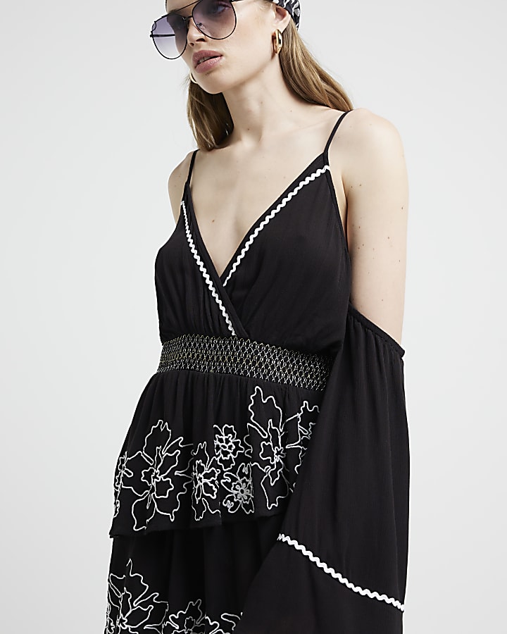 Black embroidered cold shoulder playsuit