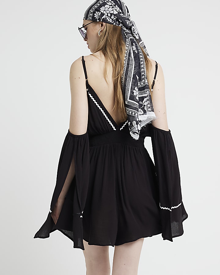 Black embroidered cold shoulder playsuit