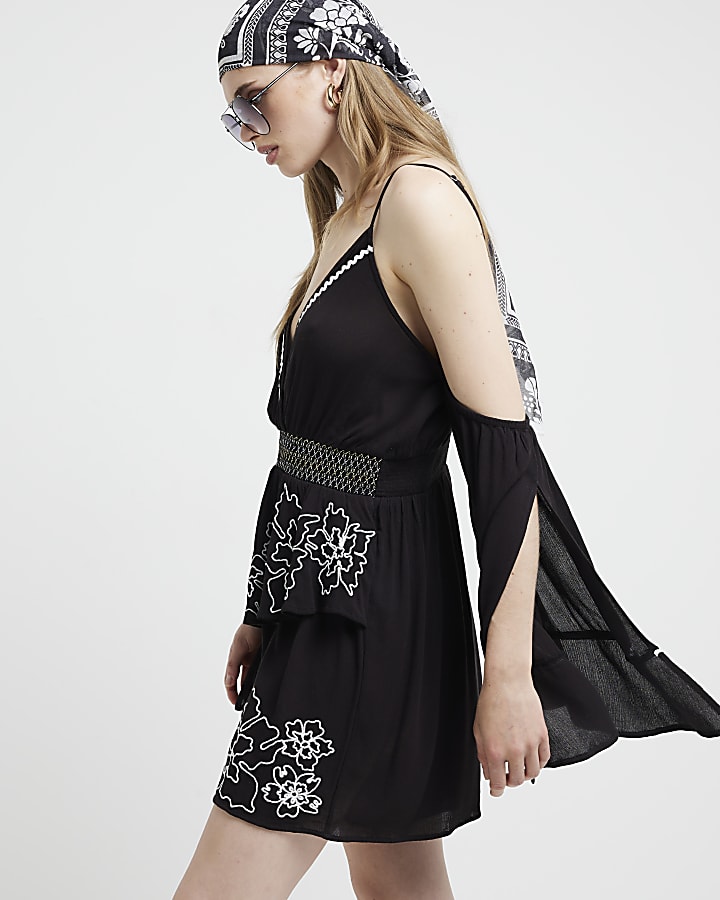 Black embroidered cold shoulder playsuit