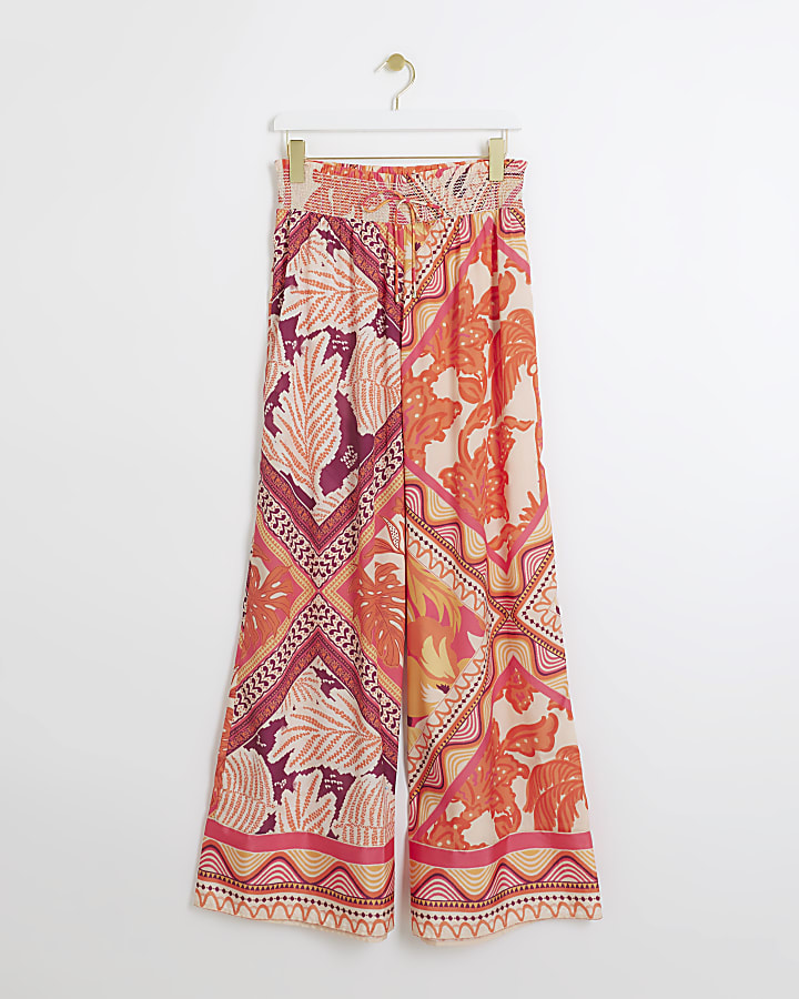 Orange scarf print wide leg trousers