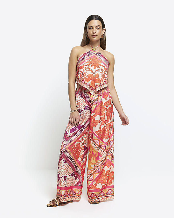 Orange scarf print wide leg trousers