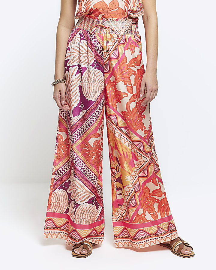 Orange scarf print wide leg trousers