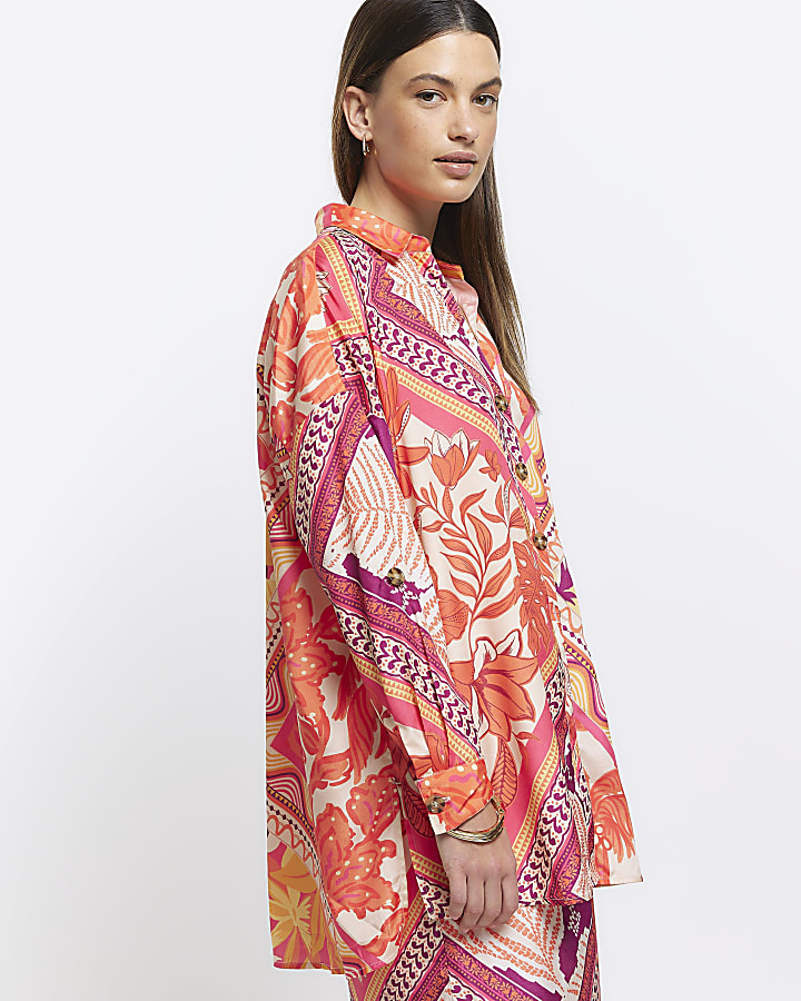 Orange scarf print oversized beach shirt