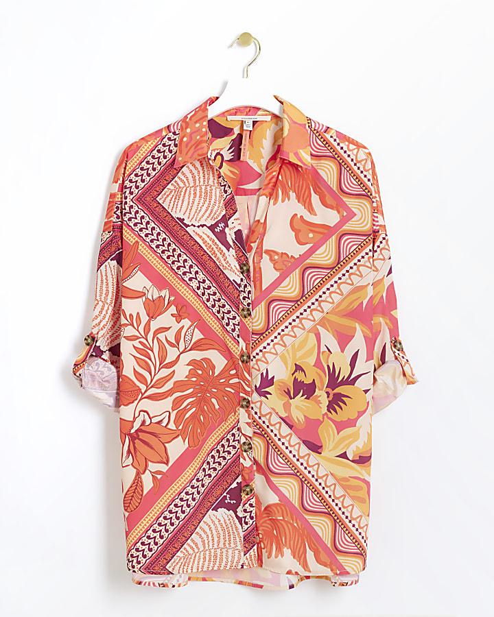 Orange scarf print oversized beach shirt