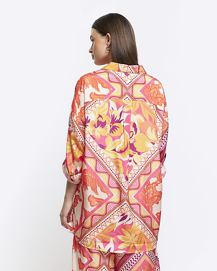 Orange scarf print oversized beach shirt