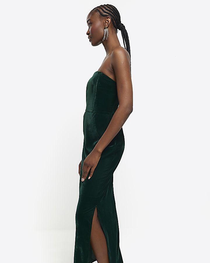 Green velvet bandeau midi dress