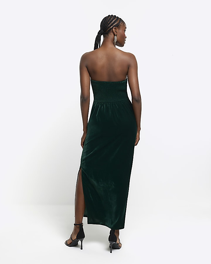 Green velvet bandeau midi dress