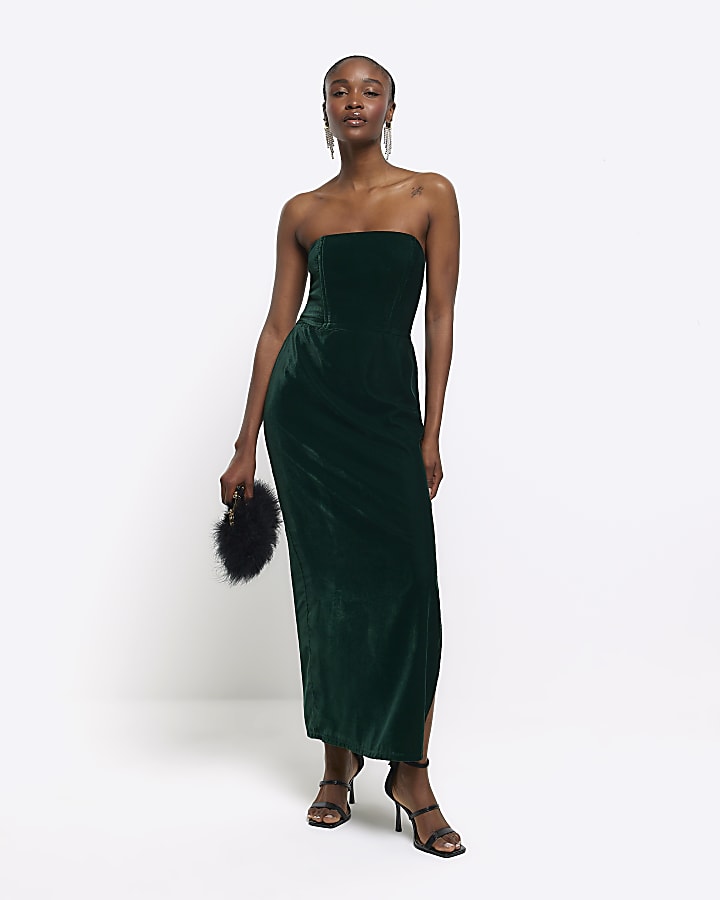 Green velvet bandeau midi dress