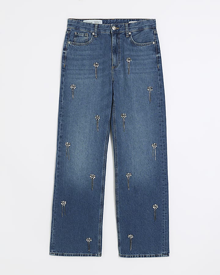 Blue embellished relaxed straight jeans