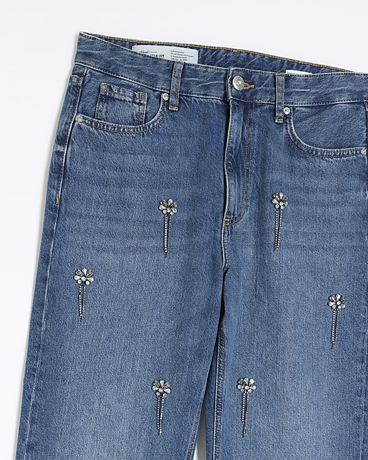 Blue embellished relaxed straight jeans