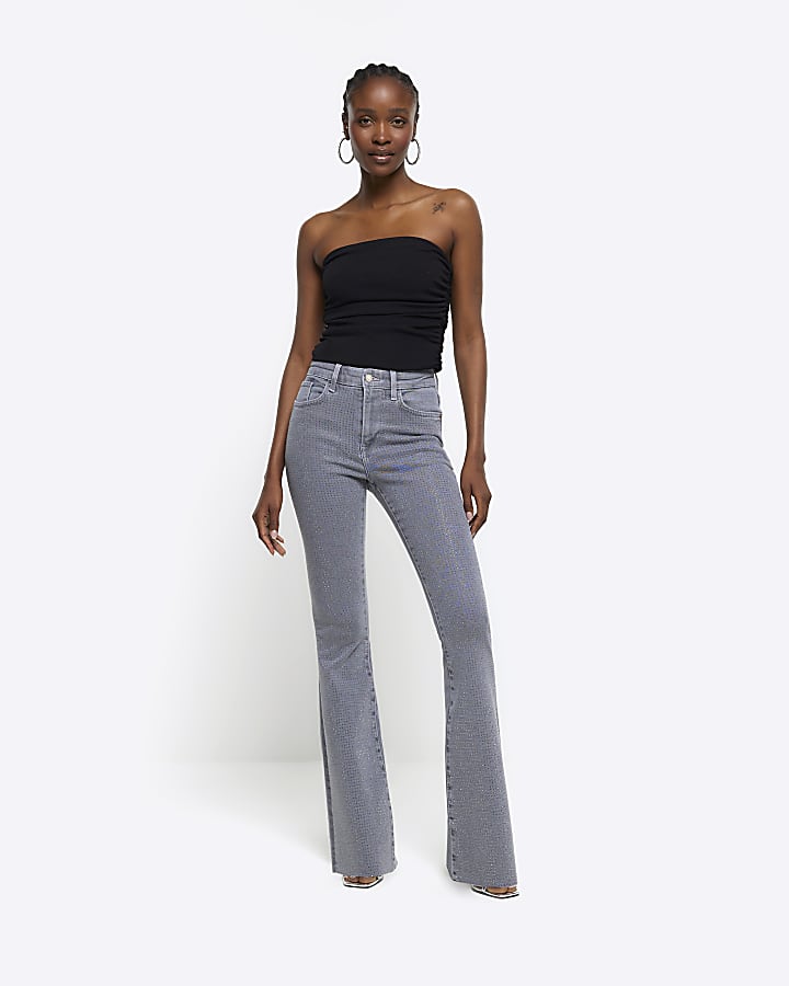 Grey high wasted embellished flared jeans River Island