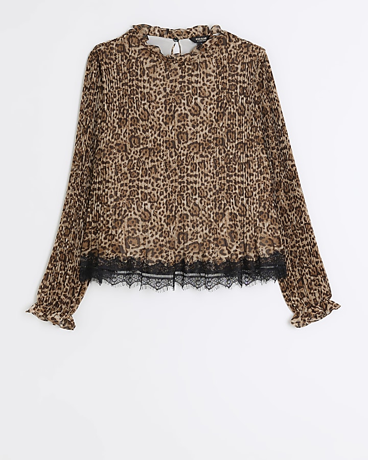 Brown plisse leopard print blouse