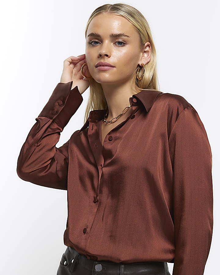 Petite brown satin stripe shirt