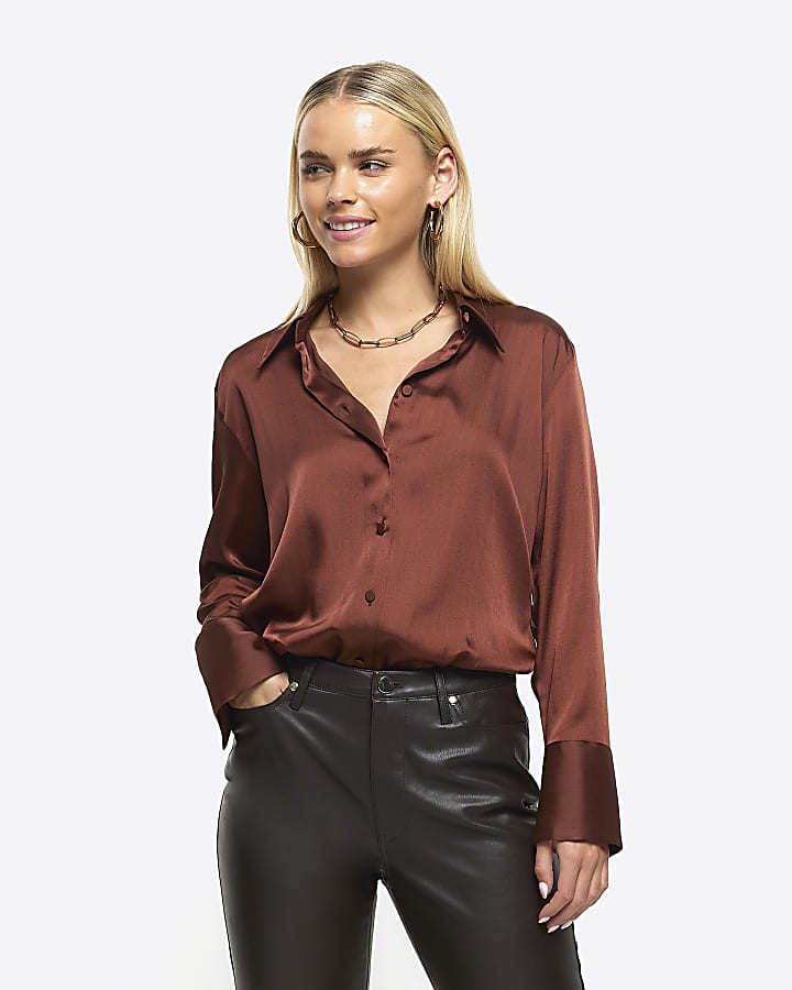 Petite brown satin stripe shirt