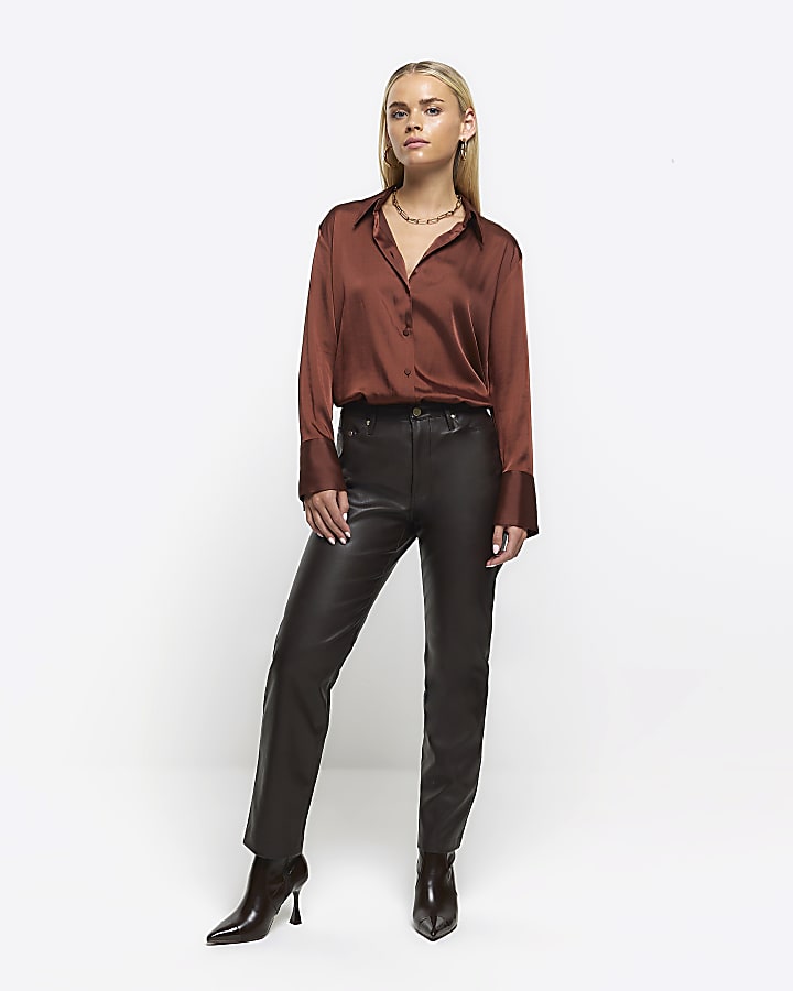 Petite brown satin stripe shirt