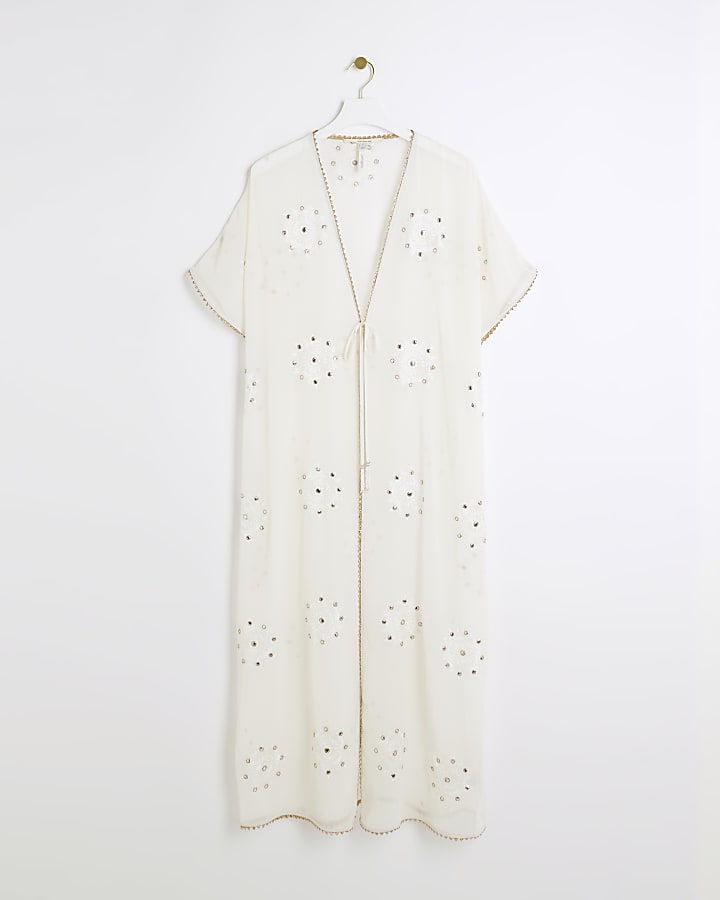 Cream embellished longline kaftan