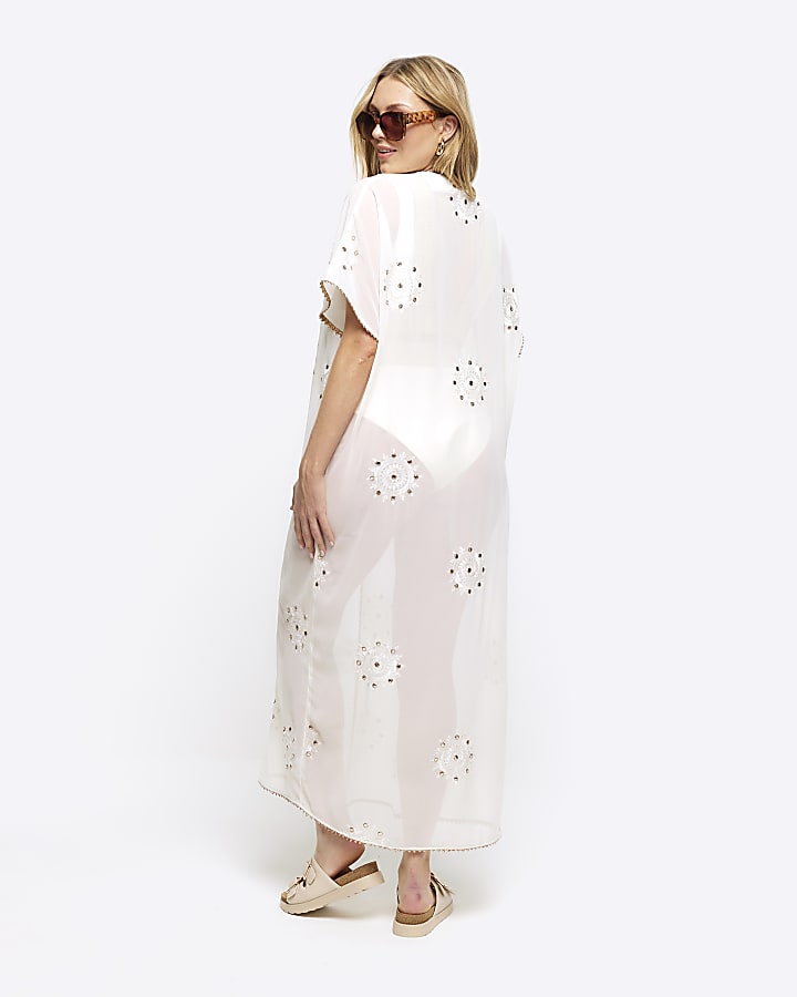 Cream embellished longline kaftan