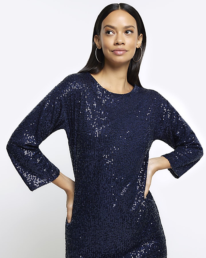 Navy sequin shift mini dress