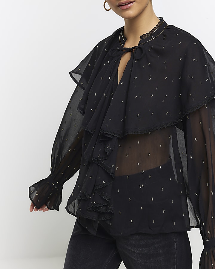Black glitter detail frill blouse