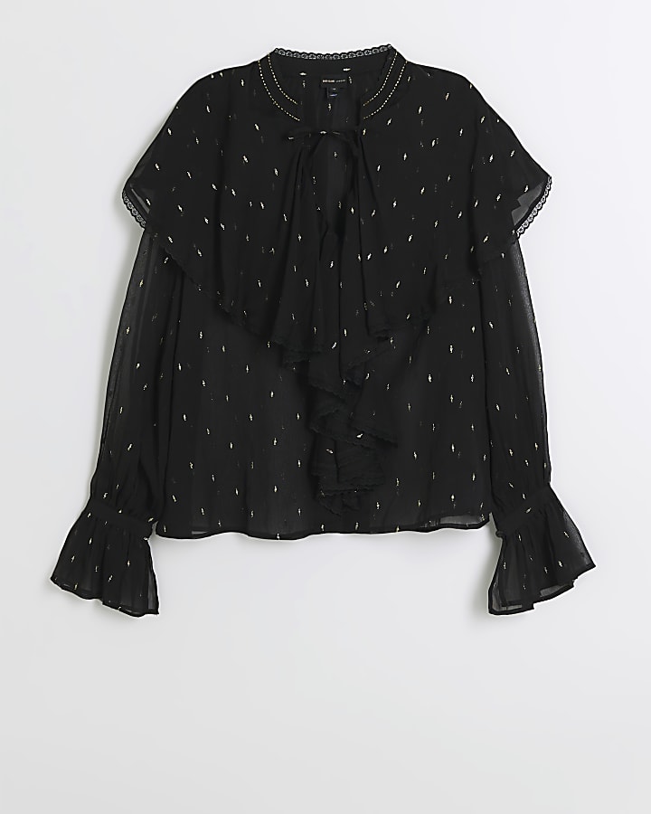Black glitter detail frill blouse