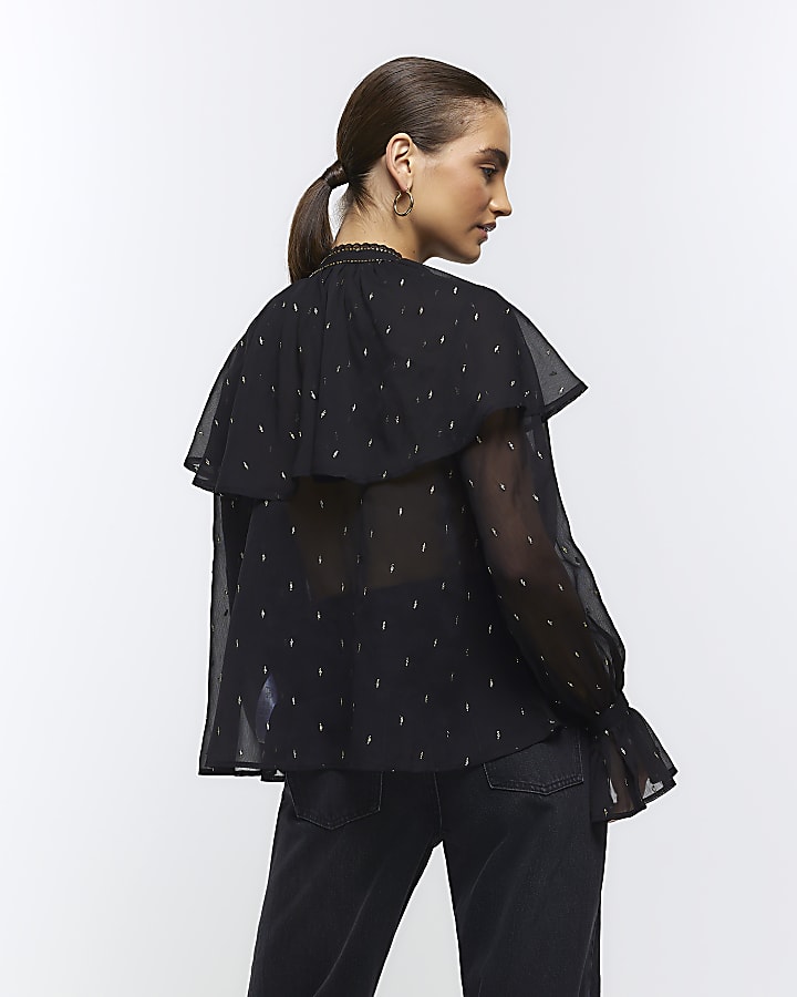 Black glitter detail frill blouse
