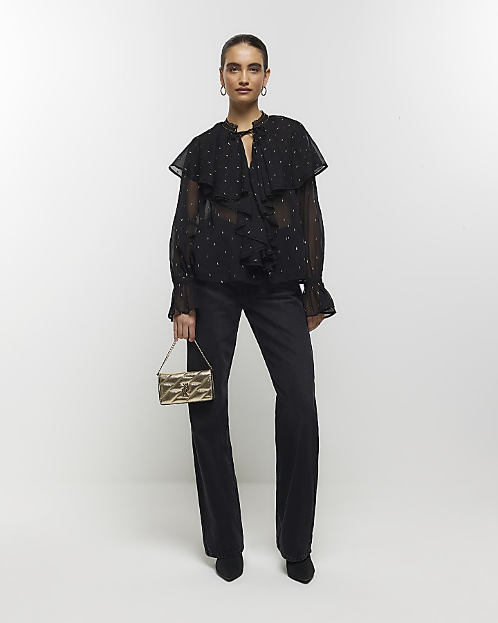 Black glitter detail frill blouse