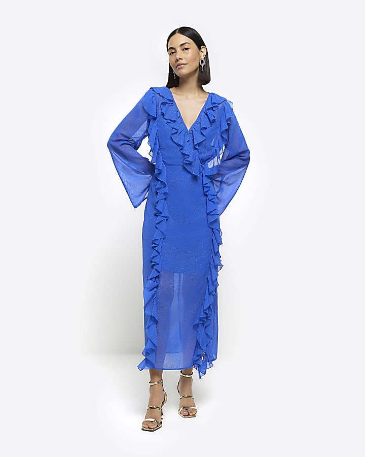 Blue frill wrap swing midi dress