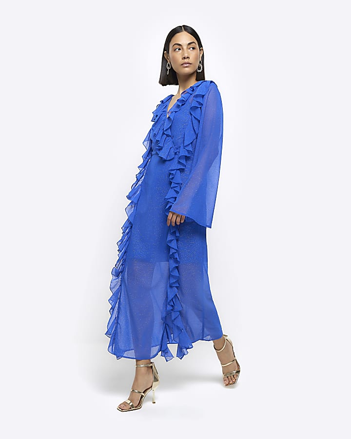 Blue frill wrap swing midi dress