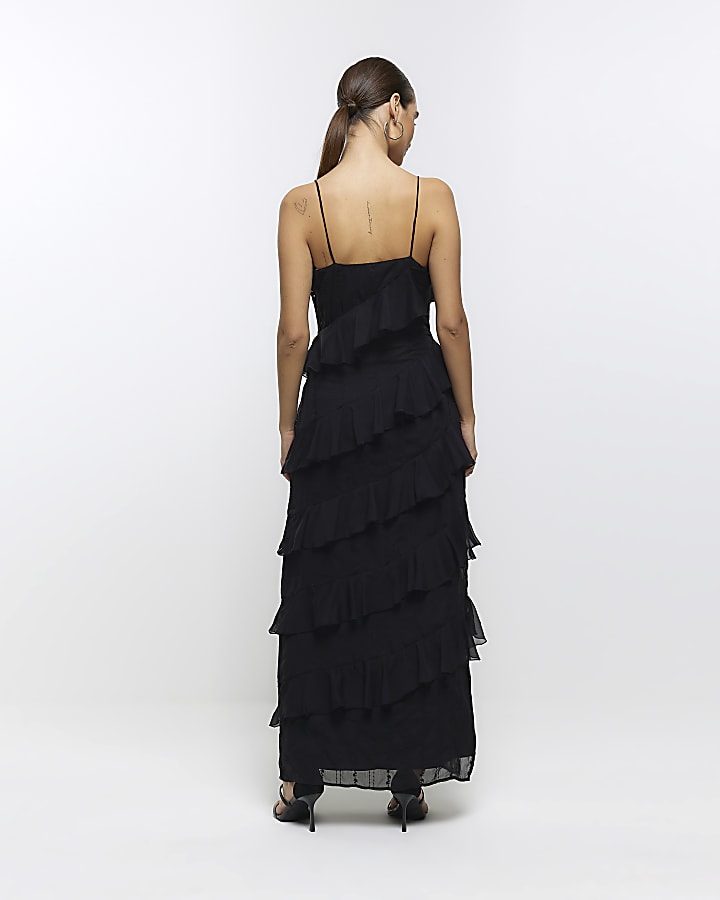 Black frill diamante slip maxi dress