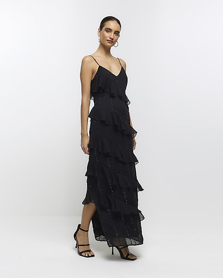 Black frill diamante slip maxi dress