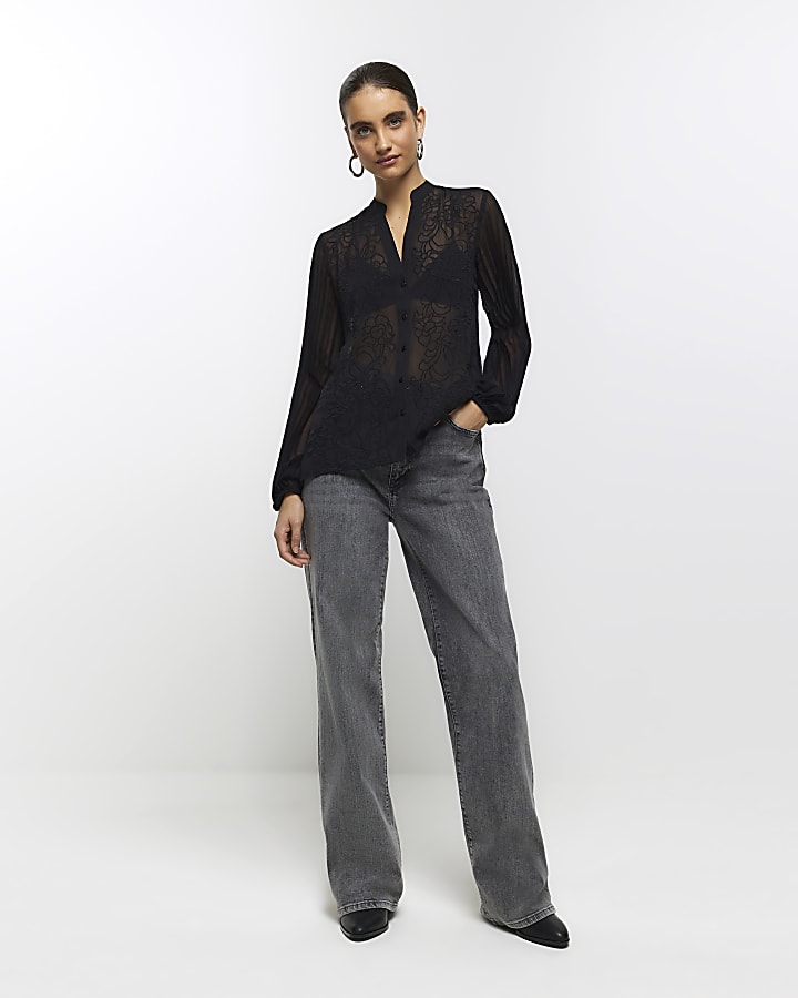 Black embroidered plisse sleeve shirt