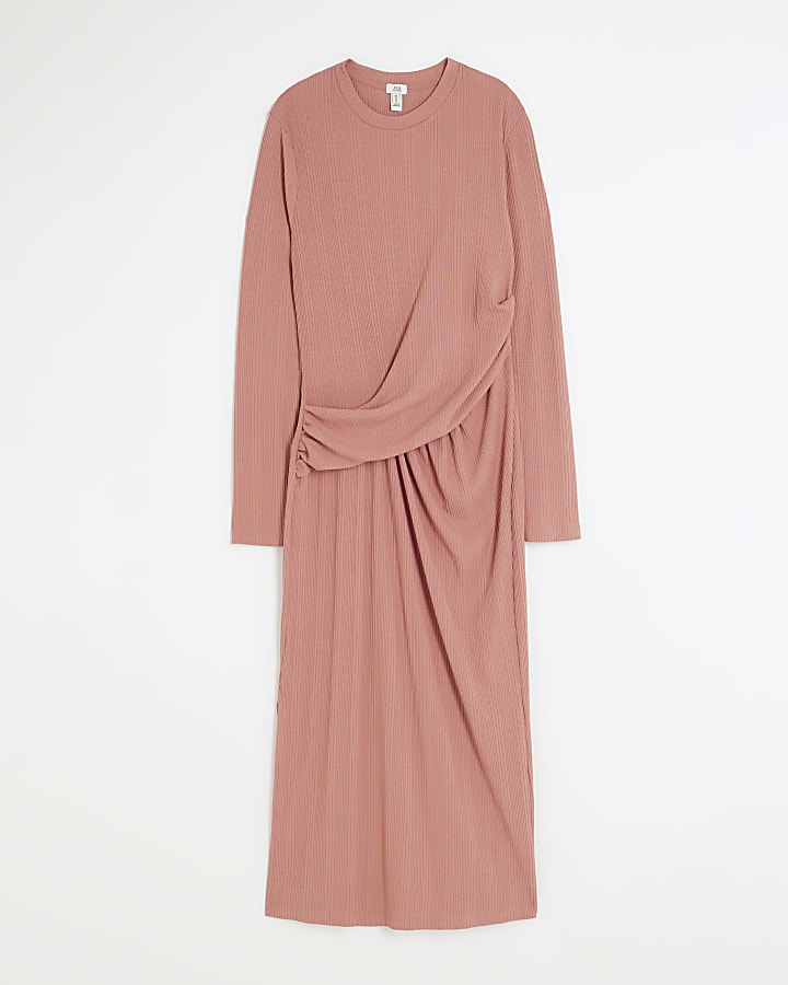 Pink drape front bodycon midi dress
