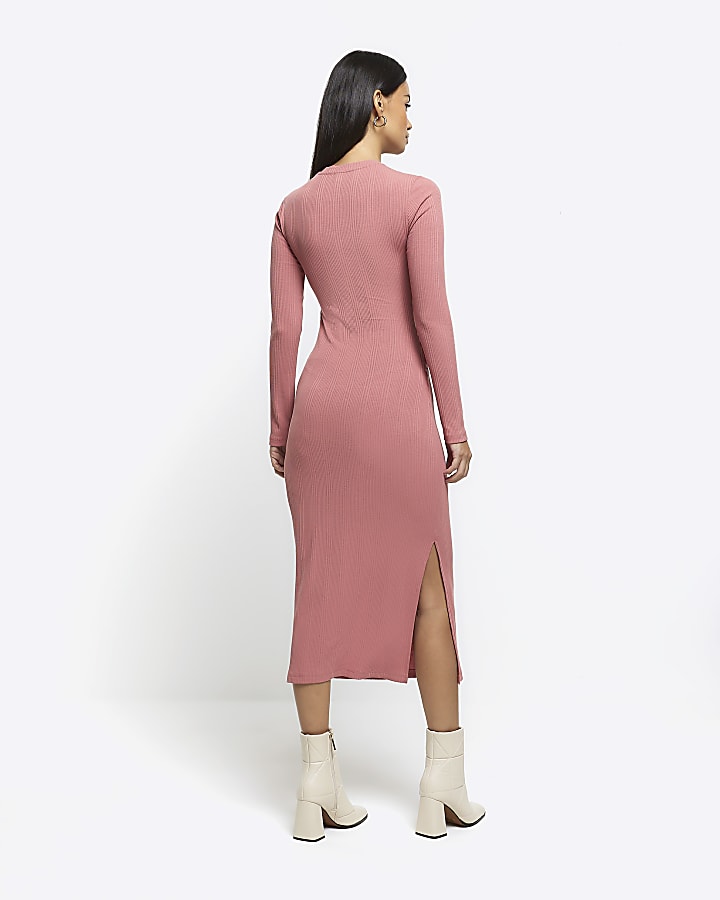 Pink drape front bodycon midi dress