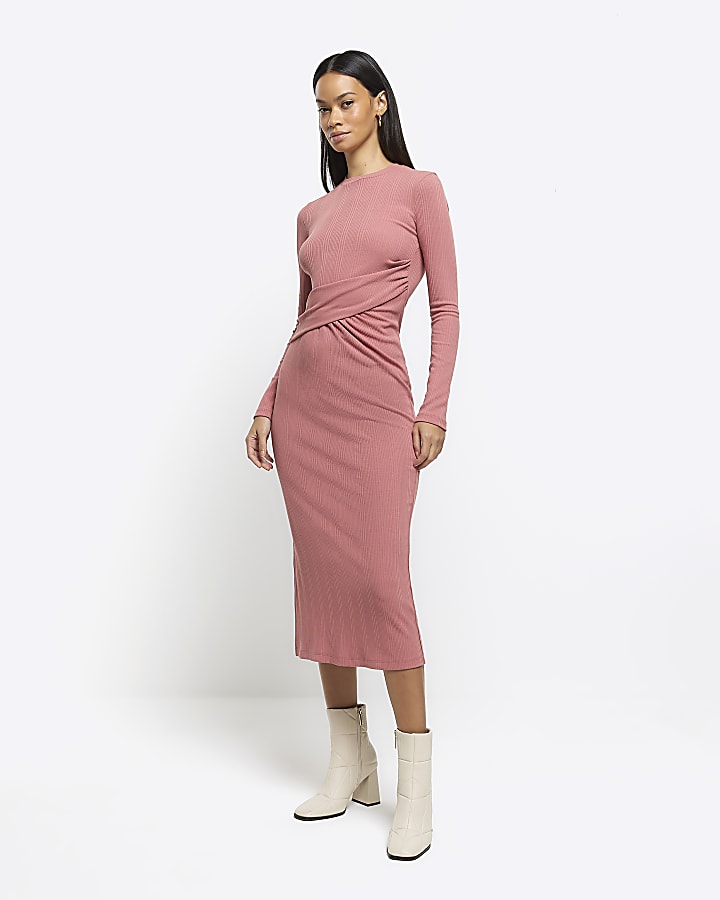 Pink drape front bodycon midi dress
