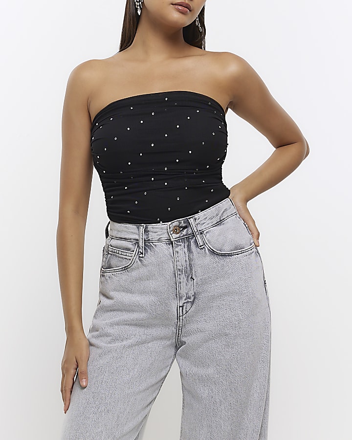 Black mesh diamante bandeau top