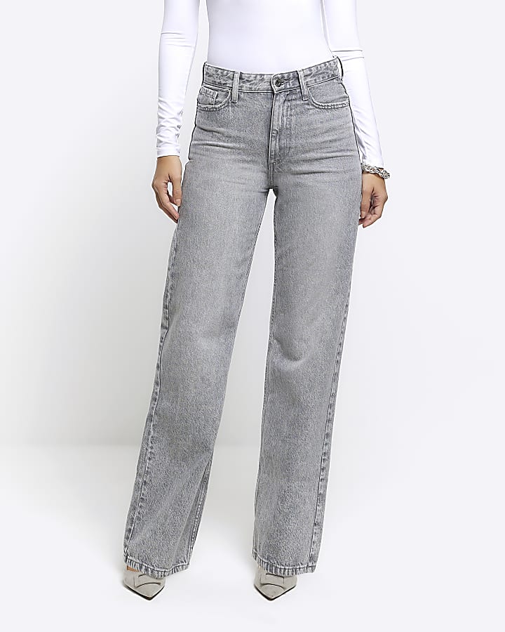 Grey high waisted relaxed straight fit jeans