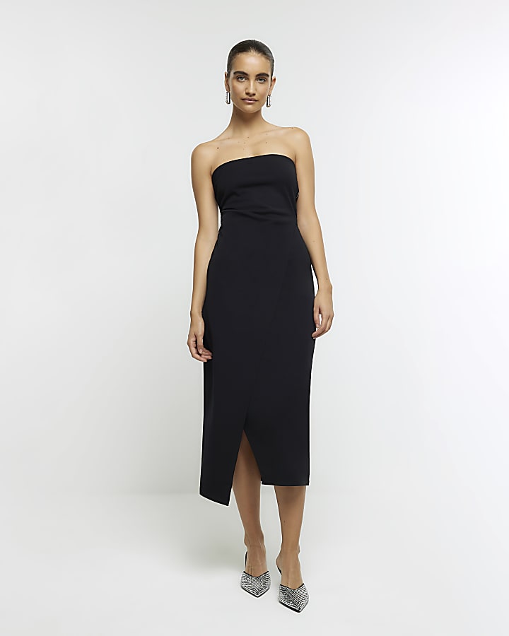 Black bandeau wrap midi dress