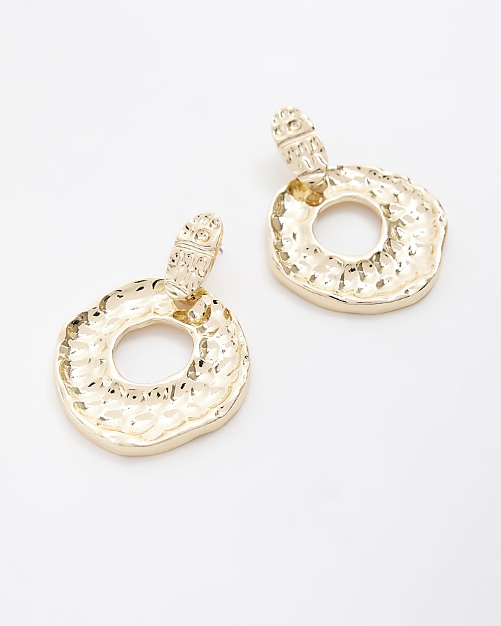 Gold textured circle drop earrings