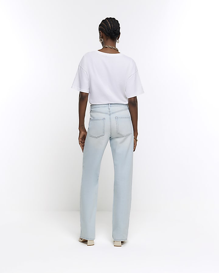 Blue high waisted relaxed straight leg jeans