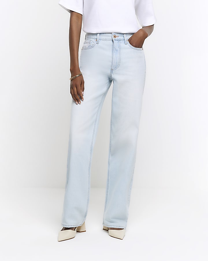 Blue high waisted relaxed straight leg jeans