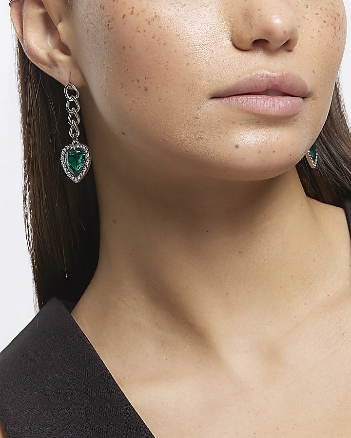 Green Heart Chain Drop Earrings