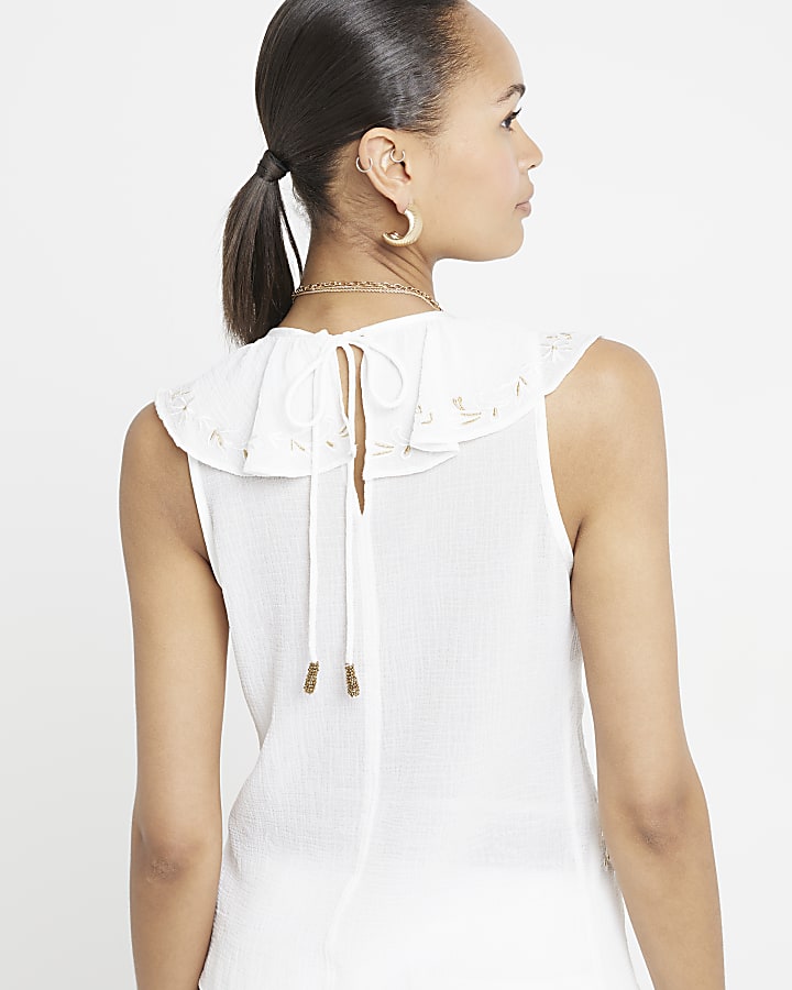 Cream embroidered frill blouse