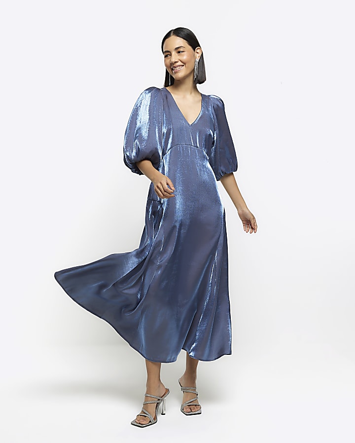 Navy metallic puff sleeve smock midi dress