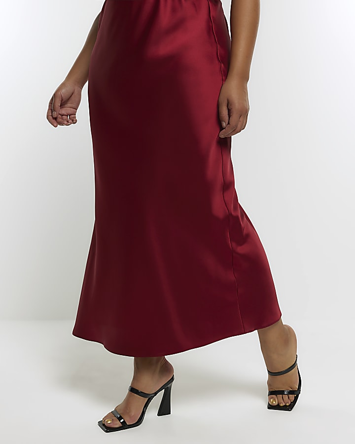 Plus Red Satin Maxi Skirt