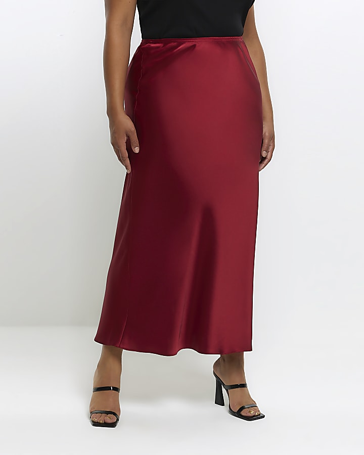 Plus Red Satin Maxi Skirt