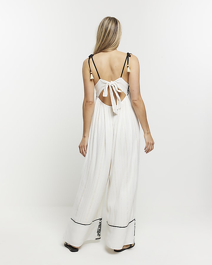 Cream embroidered bandeau jumpsuit