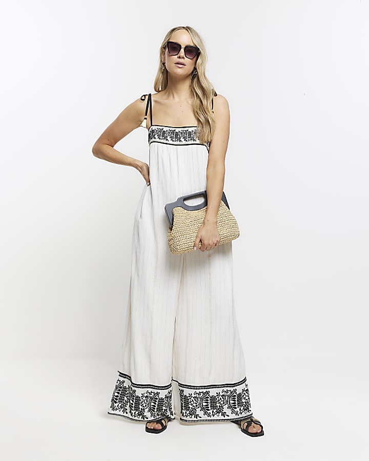 Cream embroidered bandeau jumpsuit