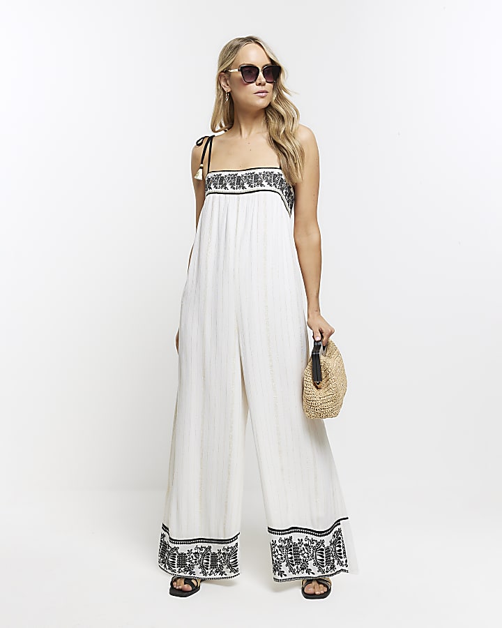 Cream embroidered bandeau jumpsuit